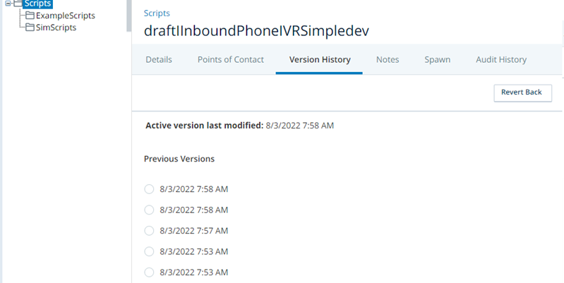 A página Scripts no CXone, mostrando a guia Histórico de versões de um script.