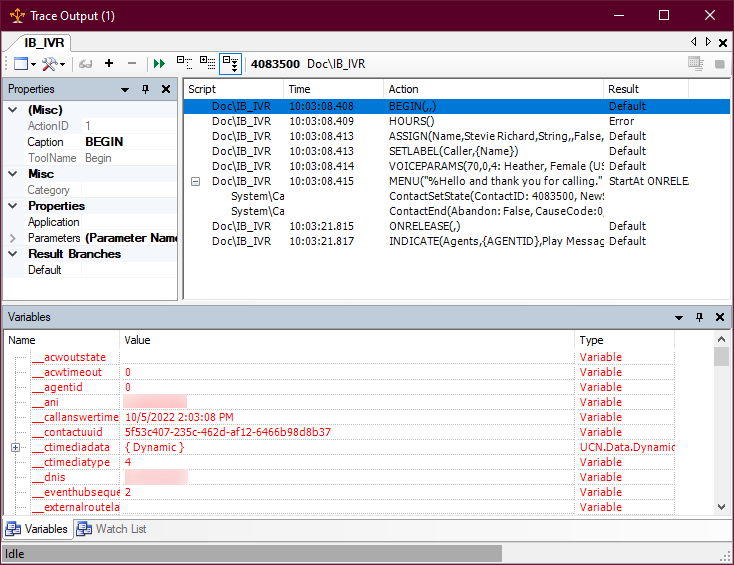 A janela de Saída de rastreamento, mostrando as ações no script e as variáveis do sistema passadas ao script na guia Variáveis.