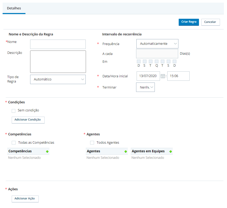 A página Criação de regras no WFI. As seções nesta página incluem nome e descrição da regra, intervalo de recorrência, condições, competências, agentes e ações.