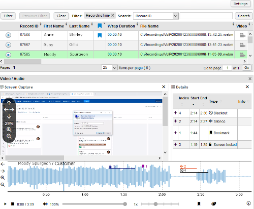 The Recorded Interactions page with list of recordings and the Media Player.