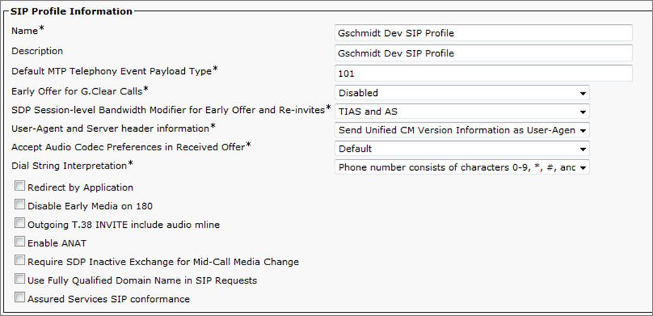 The SIP Profile Information page showing the settings as they should be configured. 