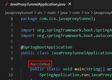 VS Code 编辑器中的 Java 代理隧道代码显示 main 函数：public static voice main (String[] args) 上方的 Run | Debug 选项。