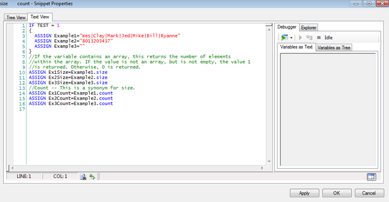 The Snippet editor window, showing the Text View tab.
