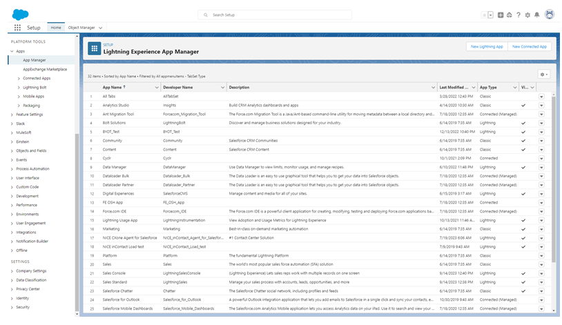 設定中 Lightning Experience 應用程式管理器的圖片，包括應用程式清單，頁面右側有每個應用程式的動作圖示。