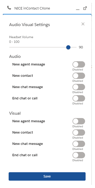 Salesforce Agent 中的「音訊視覺設定」視窗。