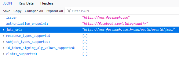 從 Facebook 外部身分識別提供者的發現 URL 傳回的資訊類型示例。其中包括簽發者、端點和受支援的回應類型和申索等。