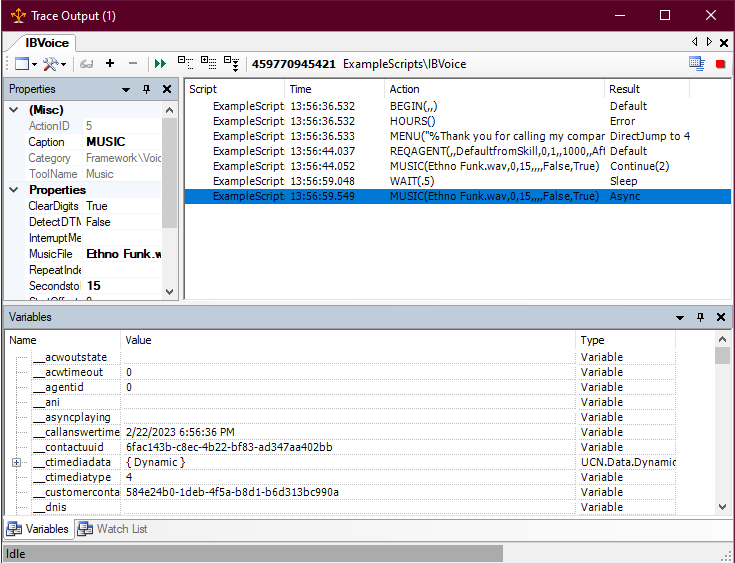「追蹤輸出」視窗，顯示呼入語音指令碼的追蹤輸出。